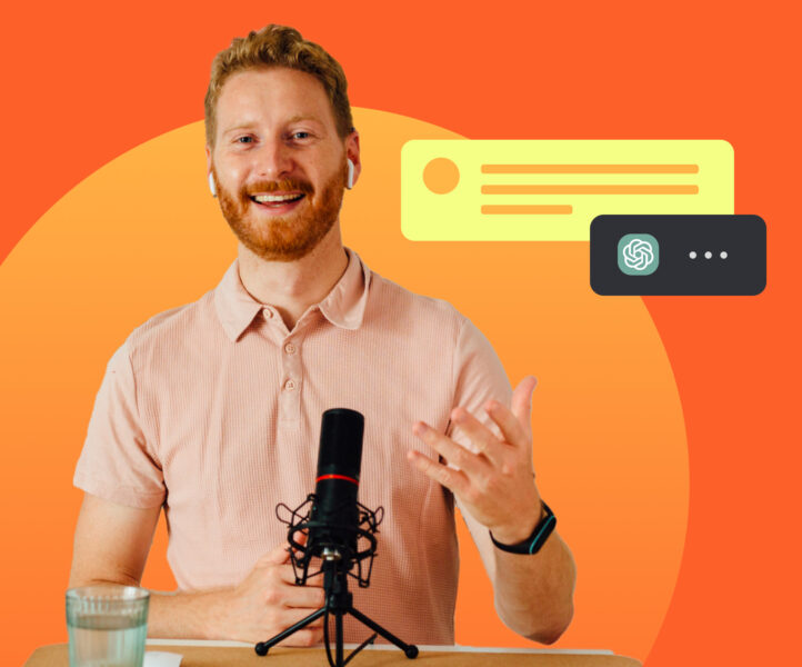 Photo of podcaster, with stylized background ancluding chatGPT logo and a chat window