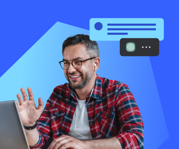 Stylized banner with instructional designer infront of a laptop, with ChatGPT chat bubble.