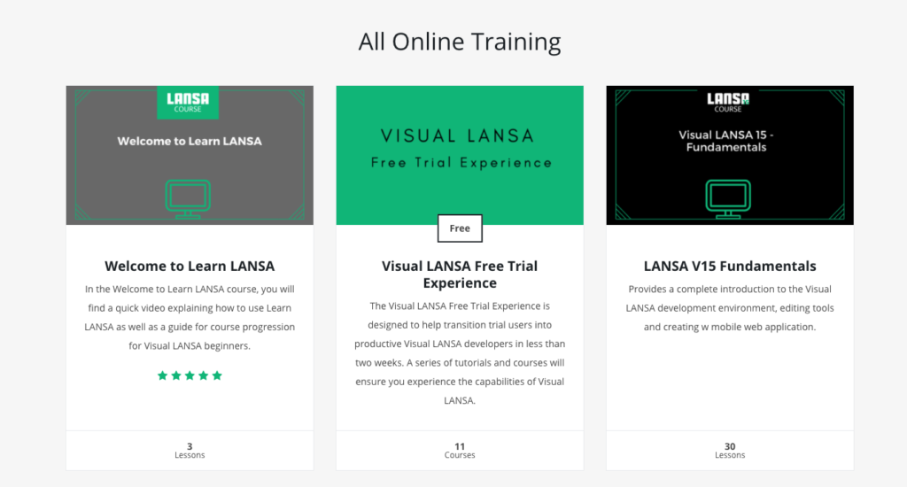 Image: Screenshot of Learn LANSA course cards